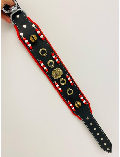 Kangal Köpek Tasması Hakiki Deri 2 Zilli Aslan Başlı Boncuklu