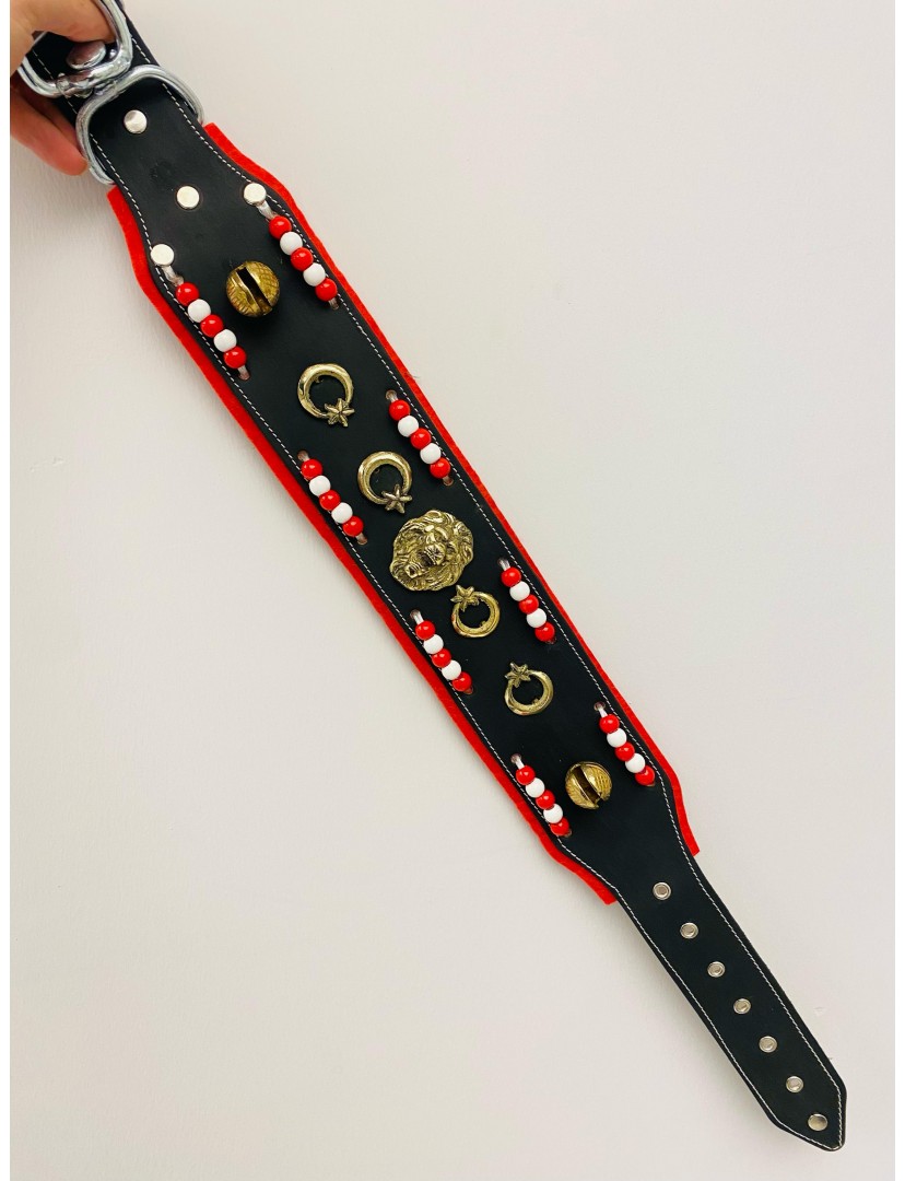 Kangal Köpek Tasması Hakiki Deri 2 Zilli Aslan Başlı Boncuklu