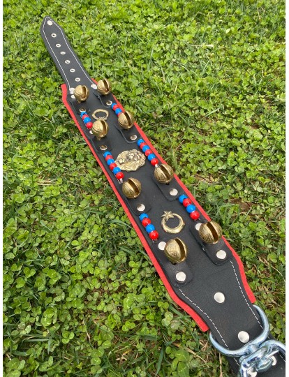 Hakiki Deri 8 Zilli Kangal Köpek Tasması Boncuklu Ay Yıldızlı