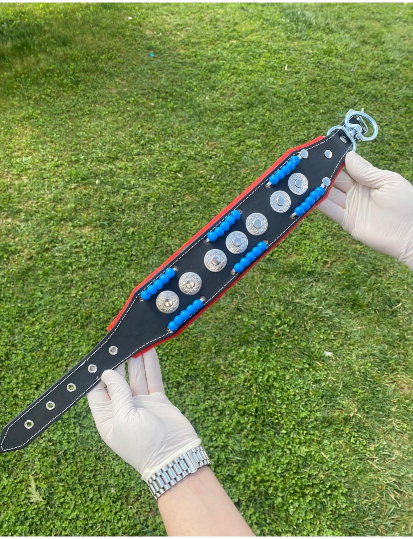 Yavru Kangal Köpek Tasması Hakiki Deri Mavi Boncuklu Zilsiz Model