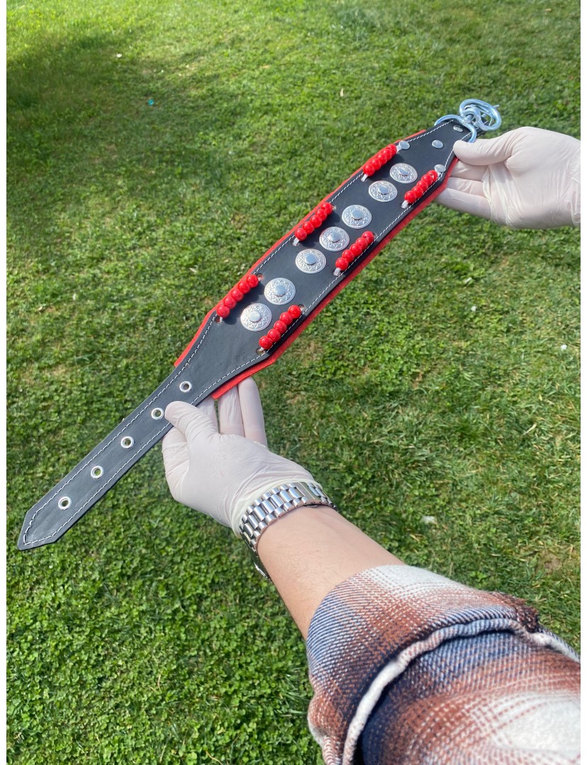 Yavru Kangal Köpek Tasması Hakiki Deri Kırmızı Boncuklu Zilsiz Model