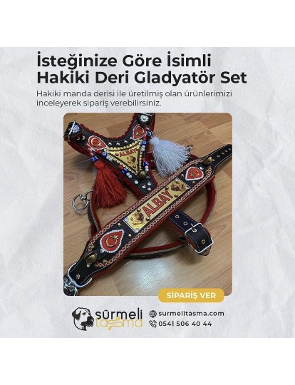İsteğinize Özel Gladyatör Kangal Köpek Tasma Seti Hakiki Deri Göğüslük Boyunluk 1. Sınıf