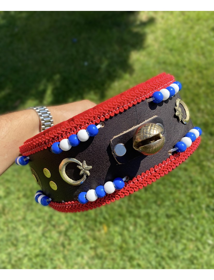 Kangal Köpek Tasması Zilli Hakiki Deri Mavi Beyaz Boncuklu