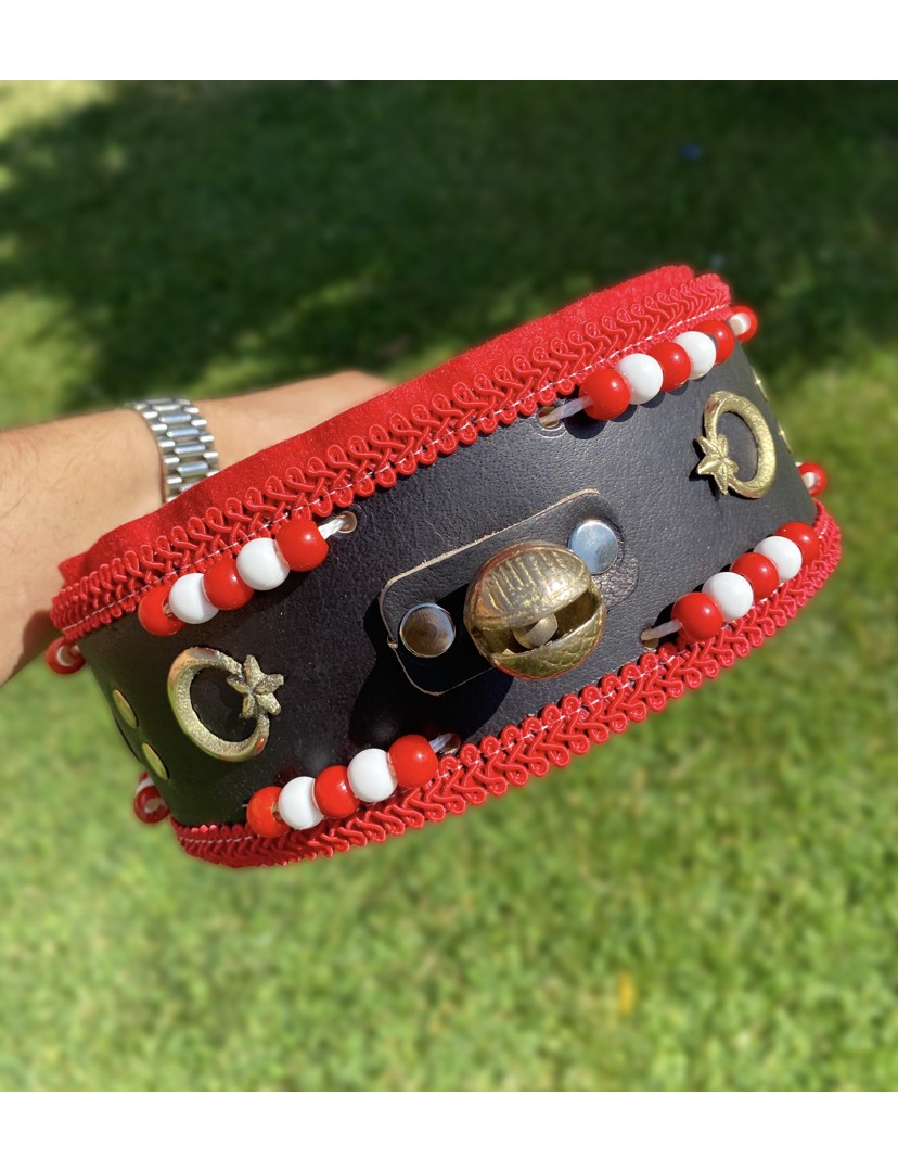 Kangal Köpek Tasması Zilli Hakiki Deri Kırmızı Beyaz Boncuklu