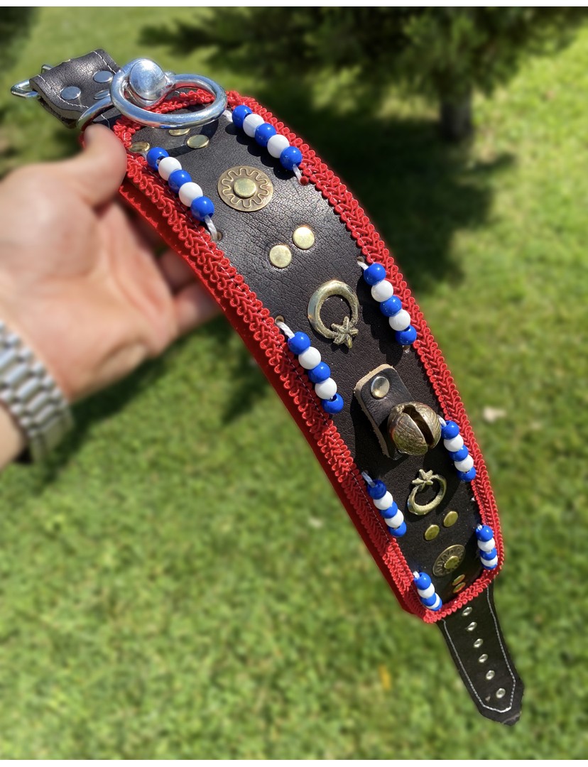 Kangal Köpek Tasması Zilli Hakiki Deri Mavi Beyaz Boncuklu