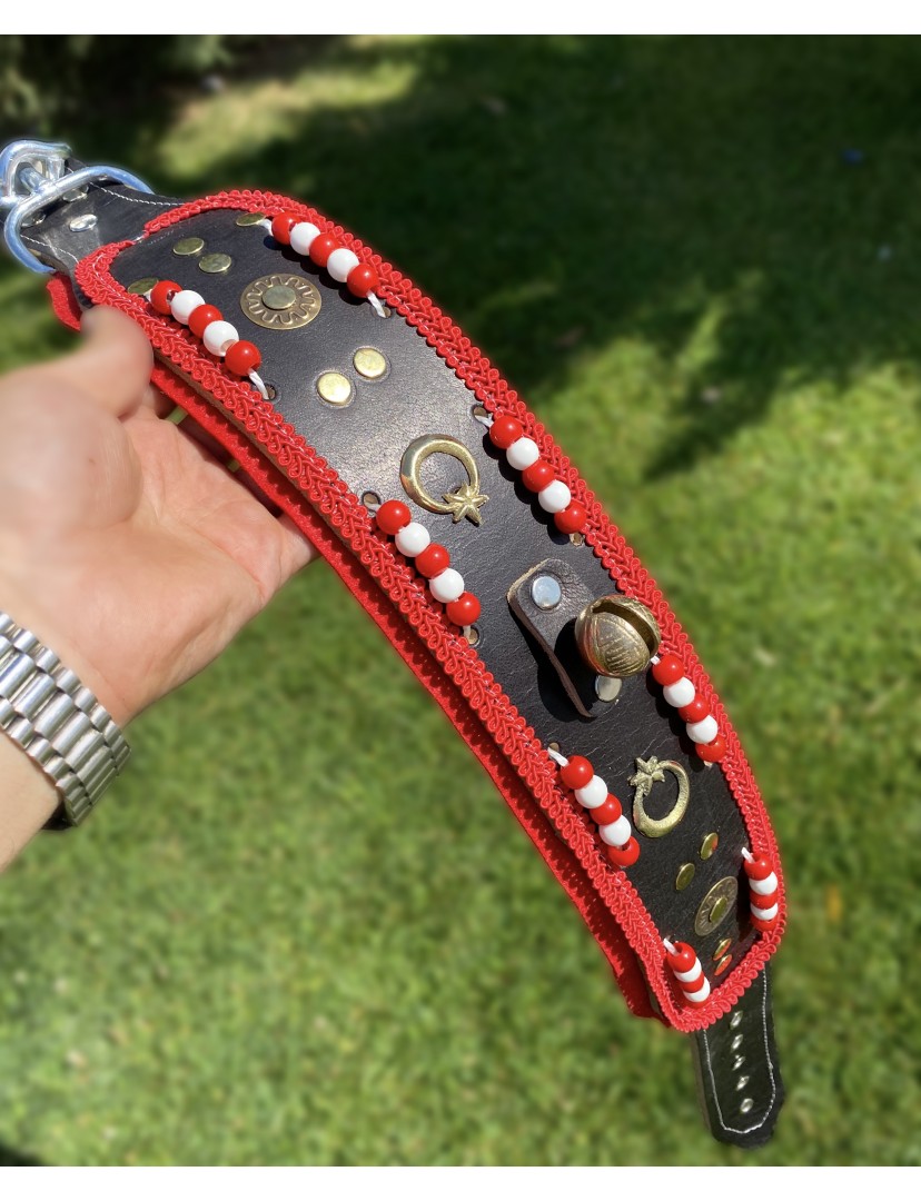 Kangal Köpek Tasması Zilli Hakiki Deri Kırmızı Beyaz Boncuklu