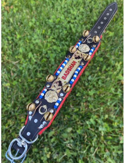 İsteğinize Özel İsimli Hakiki Deri Kangal Köpek Tasması 8 Zilli Mavi Beyaz Boncuklu