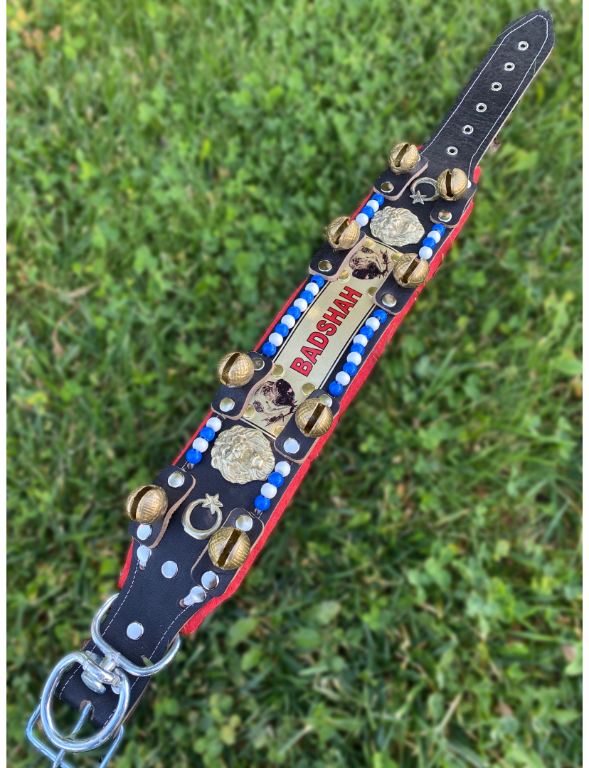 İsteğinize Özel İsimli Hakiki Deri Kangal Köpek Tasması 8 Zilli Mavi Beyaz Boncuklu