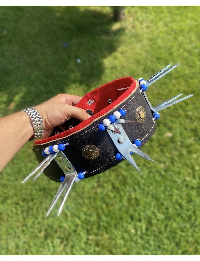 Kangal Çoban Köpek Tasması Hakiki Deri Çift Dişli Çoban Serisi Mavi Beyaz Boncuklu