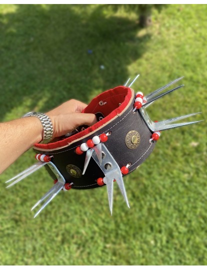 Kangal Çoban Köpek Tasması Hakiki Deri Çift Dişli Çoban Serisi Kırmızı Beyaz Boncuklu