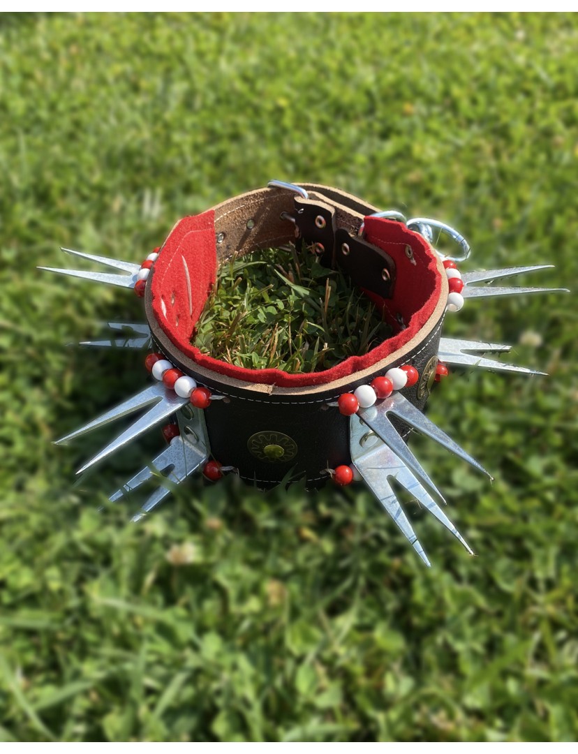 Kangal Çoban Köpek Tasması Hakiki Deri Çift Dişli Çoban Serisi Kırmızı Beyaz Boncuklu