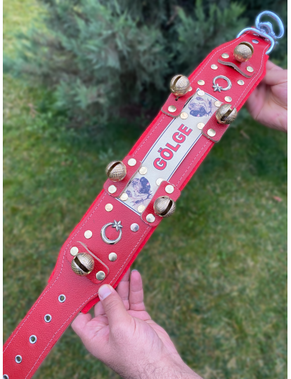 İsteğinize Özel Kangal Köpek Tasması Hakiki Deri 6 Zilli Kırmızı