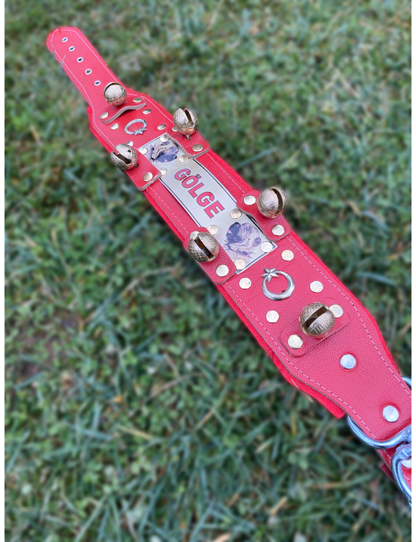 İsteğinize Özel Kangal Köpek Tasması Hakiki Deri 6 Zilli Kırmızı