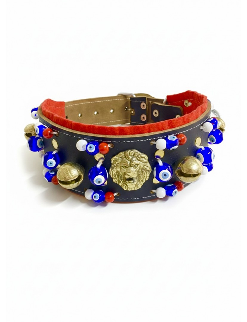 Kangal Köpek Tasması Hakiki Manda Derisi 4 Zilli Nazar Boncuklu Seri