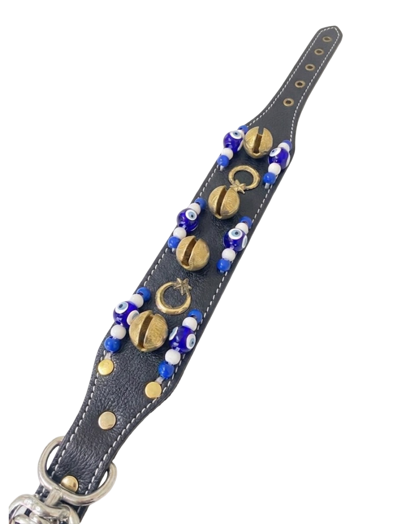 Yavru Kangal Köpek Tasması 4 Zilli Hakiki Manda Derisi Siyah