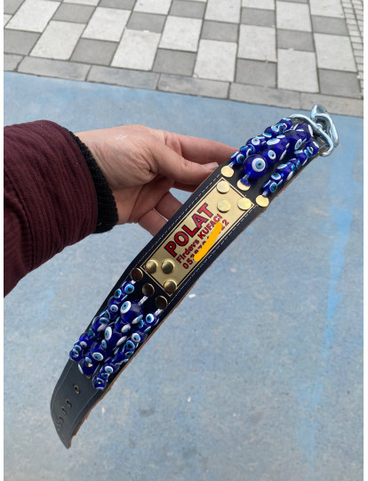 Özel İsimli Kangal Köpek Tasması Nazar Boncuklu Hakiki Manda Derisi