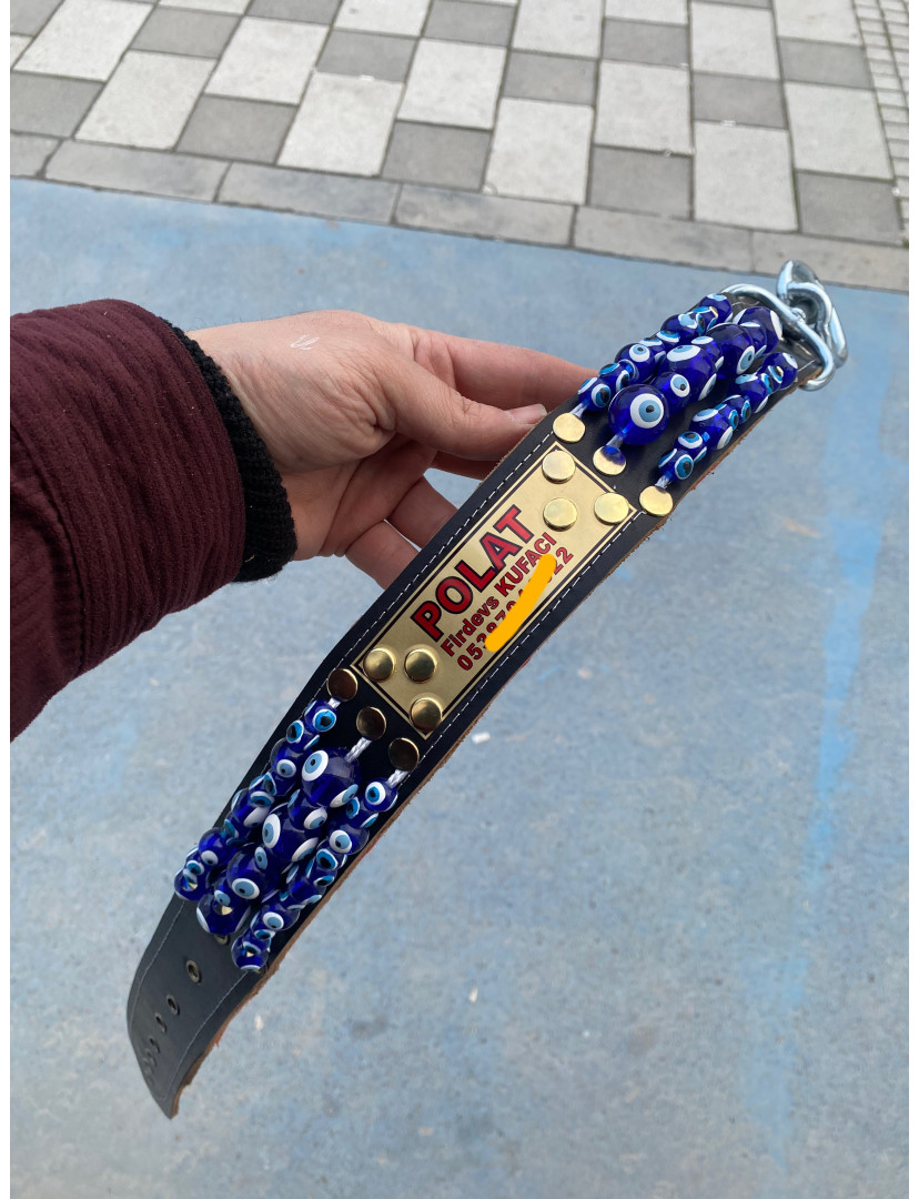 Özel İsimli Kangal Köpek Tasması Nazar Boncuklu Hakiki Manda Derisi