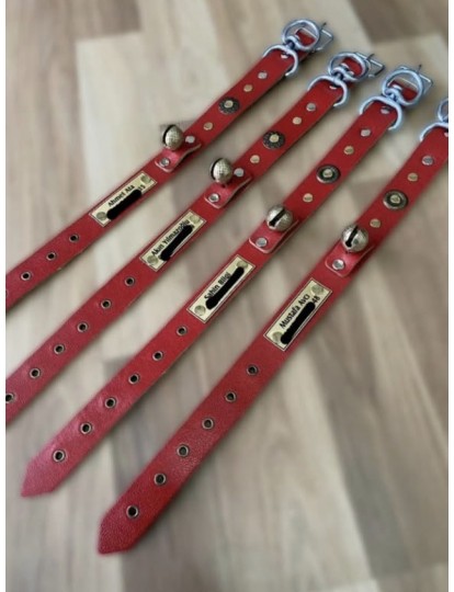 İsteğinize Özel İsimli Numaralı Av Köpeği Tasması Hakiki Manda Derisi Zilli Kırmızı
