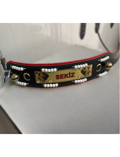 İsteğinize Özel İsimli Kangal Köpek Tasması Hakiki Deri Beyaz Boncuklu