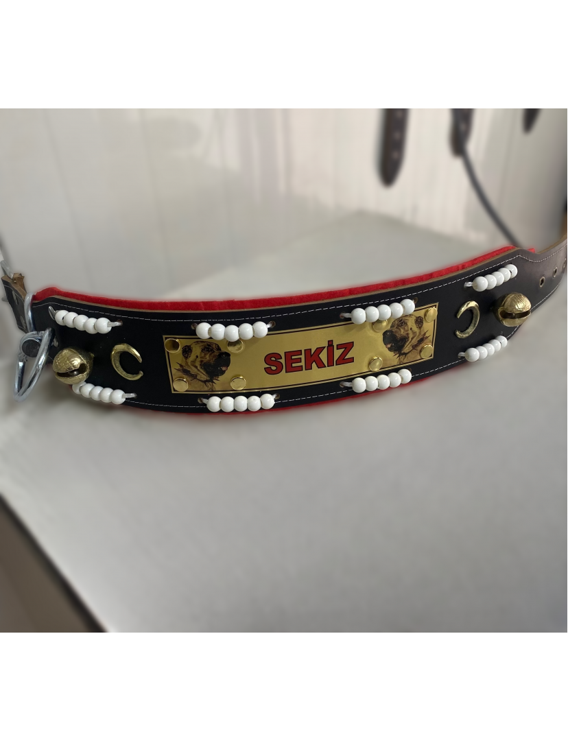 İsteğinize Özel İsimli Kangal Köpek Tasması Hakiki Deri Beyaz Boncuklu