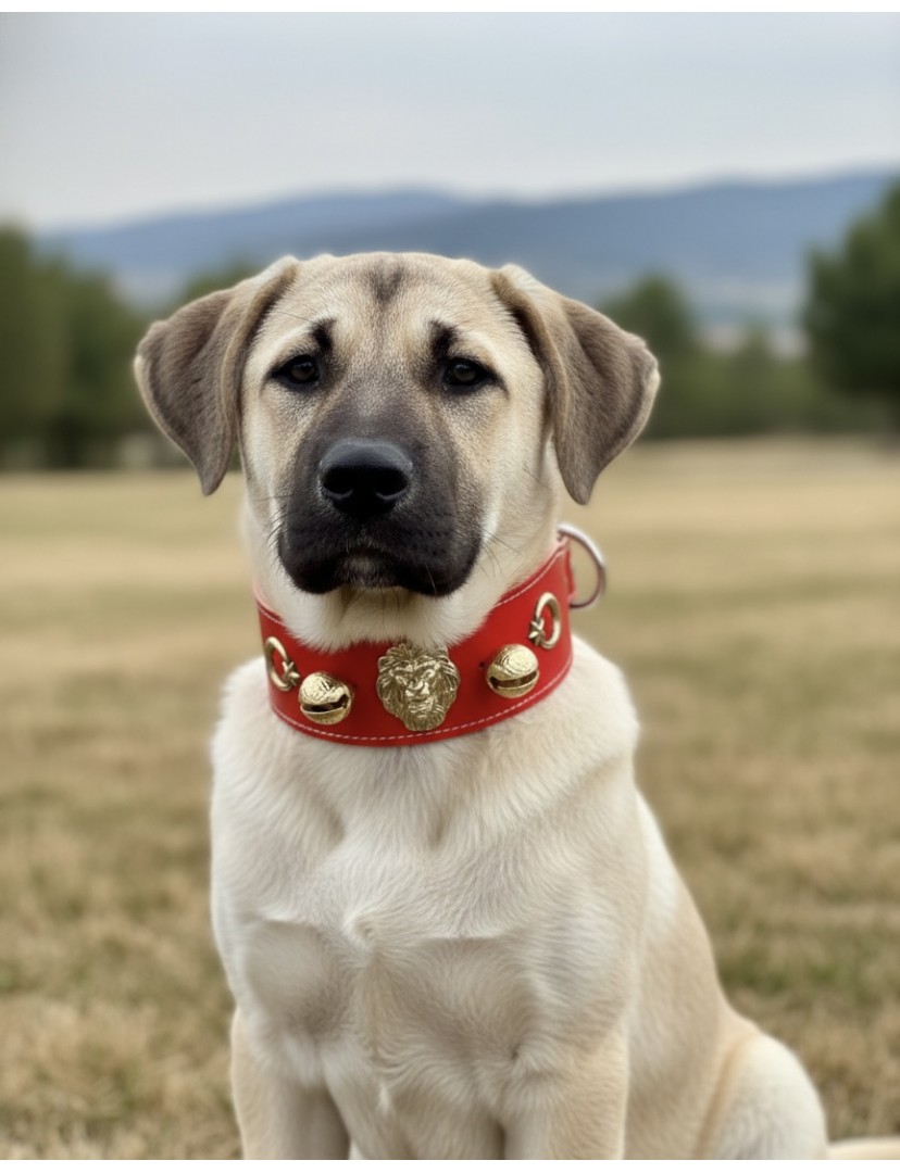 Hakiki Manda Derisi Yavru Kangal Tasması Kırmızı Çift Zilli Ayarlanabilir
