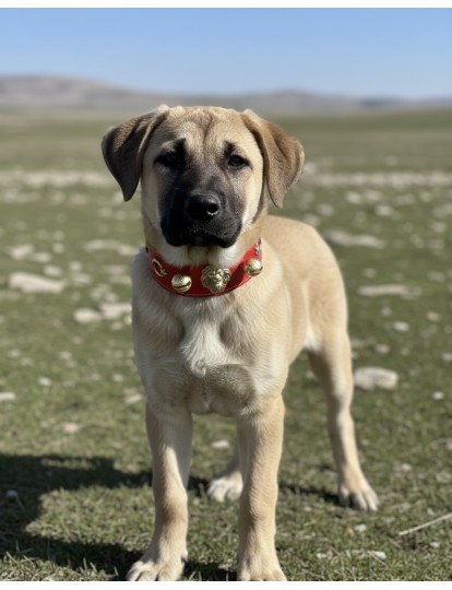 Hakiki Manda Derisi Yavru Kangal Tasması Kırmızı Çift Zilli Ayarlanabilir