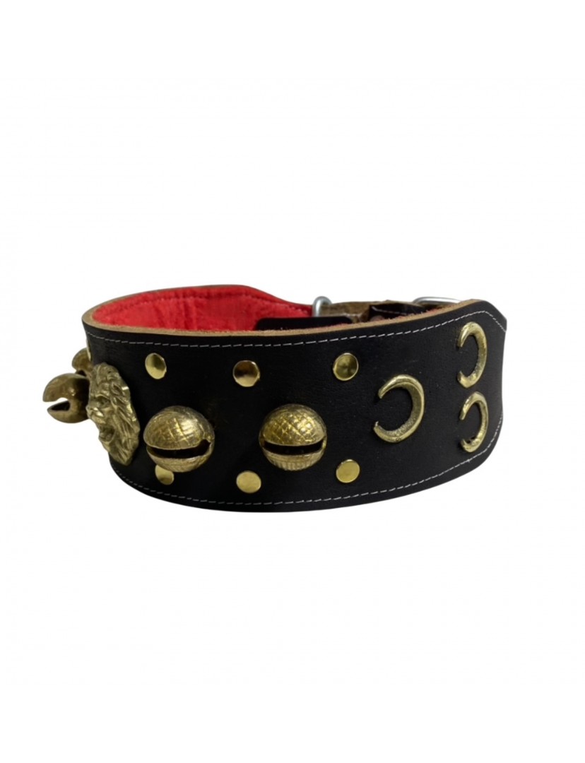 Kangal Köpek Tasması Hakiki Deri 4 Zilli Aslan Başlı Üç Hilalli 