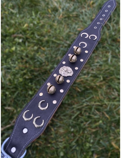 Kangal Köpek Tasması Hakiki Deri 4 Zilli Aslan Başlı Üç Hilalli 