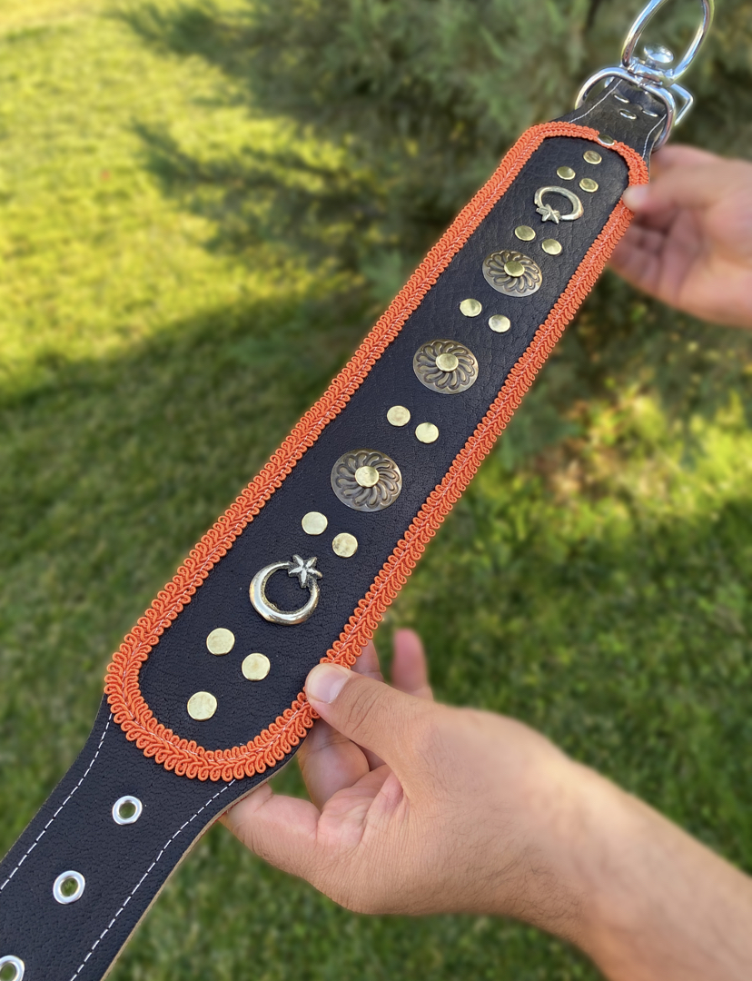 Kangal Köpek Tasması Geniş Hakiki Deri Turuncu Şeritli 1. Sınıf