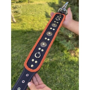 Kangal Köpek Tasması Geniş Hakiki Deri Turuncu Şeritli 1. Sınıf