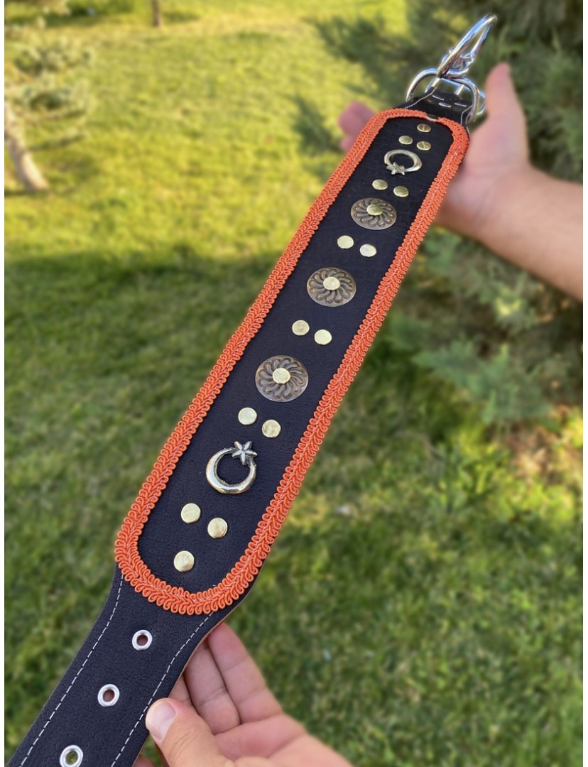 Kangal Köpek Tasması Geniş Hakiki Deri Turuncu Şeritli 1. Sınıf