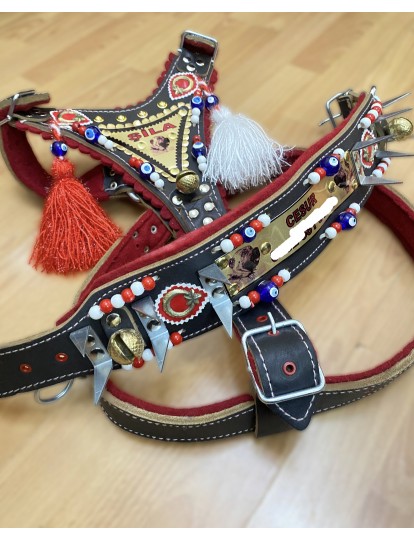 İsteğinize Özel Gladyatör Kangal Çoban Köpek Tasma Seti Hakiki Deri Göğüslük Boyunluk 1. Sınıf