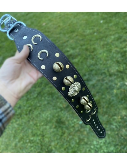 Kangal Köpek Tasması Hakiki Deri 4 Zilli Aslan Başlı Üç Hilalli 