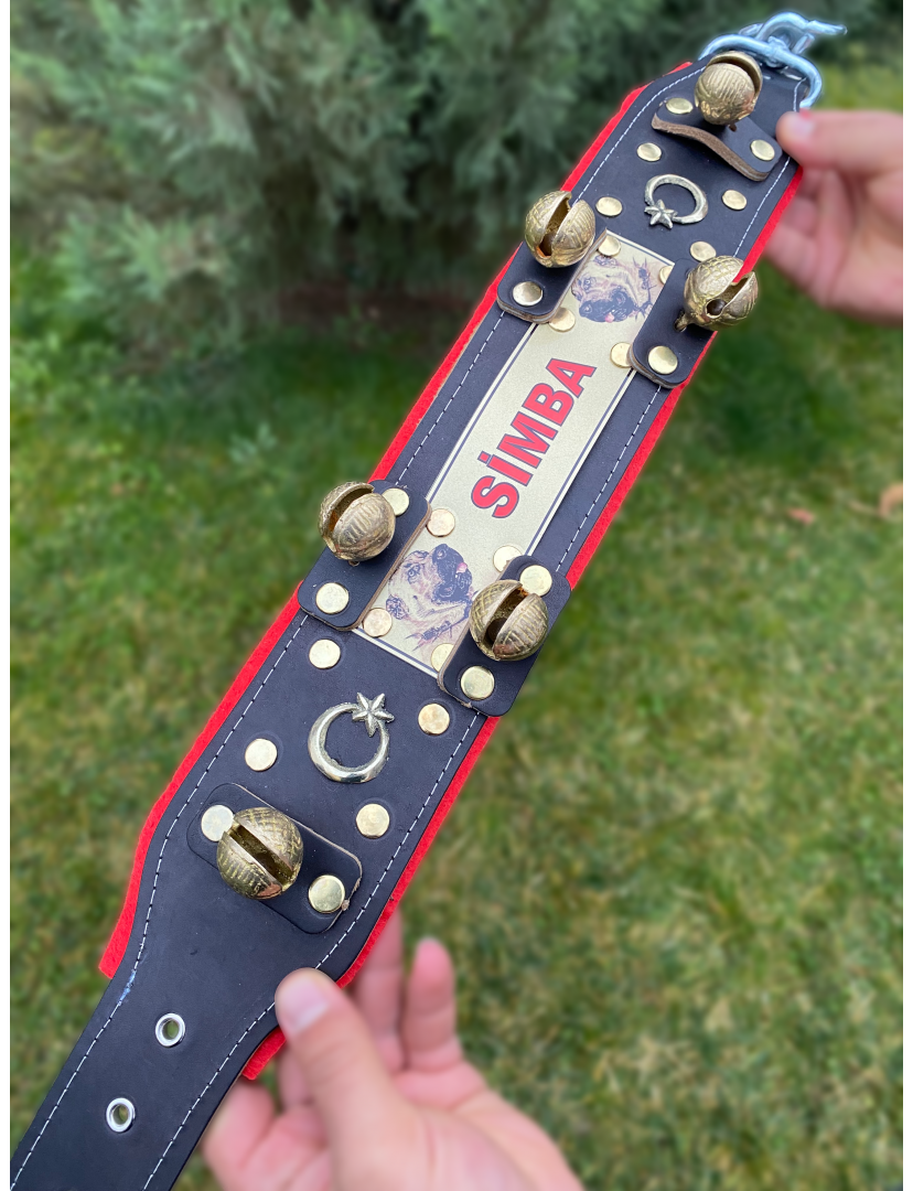 İsteğinize Özel Kangal Köpek Tasması Hakiki Deri 6 Zilli Siyah