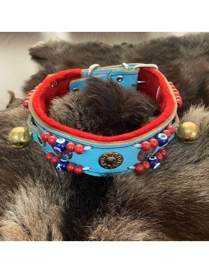 Kangal Köpek Tasması Hakiki Manda Derisi 2 Zilli 1. Sınıf Mavi