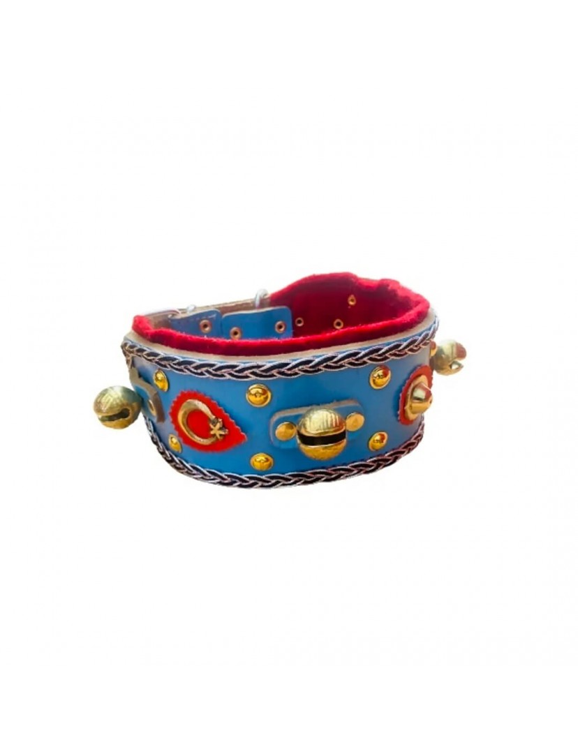 Kangal Köpek Tasması 4 Zilli Hakiki Deri Mavi