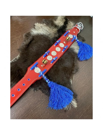 Zilli Püsküllü Kangal Köpek Tasması Hakiki Manda Derisi