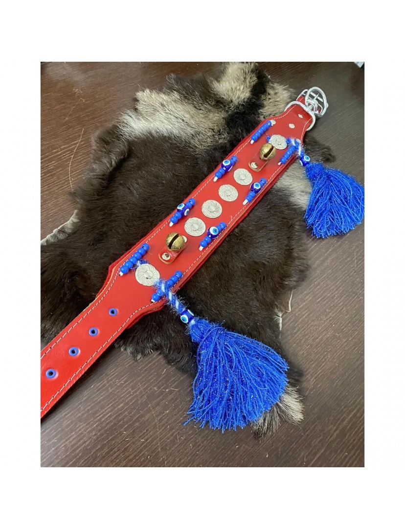 Zilli Püsküllü Kangal Köpek Tasması Hakiki Manda Derisi